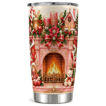 Pink Fireplace Tumbler 20oz, Christmas Tumbler, Stainless Steel Travel Cup