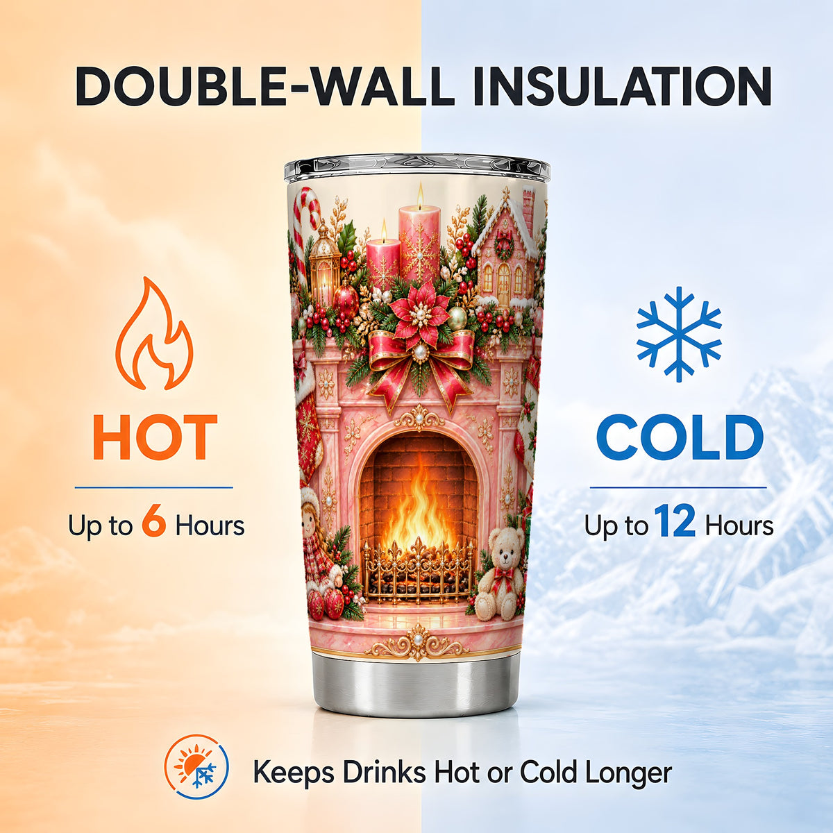 Pink Fireplace Tumbler 20oz, Christmas Tumbler, Stainless Steel Travel Cup