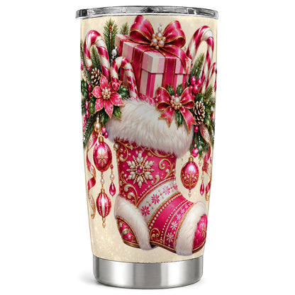 Pink Stocking Tumbler 20oz, Candy Cane Tumbler, Stainless Steel Travel Cup