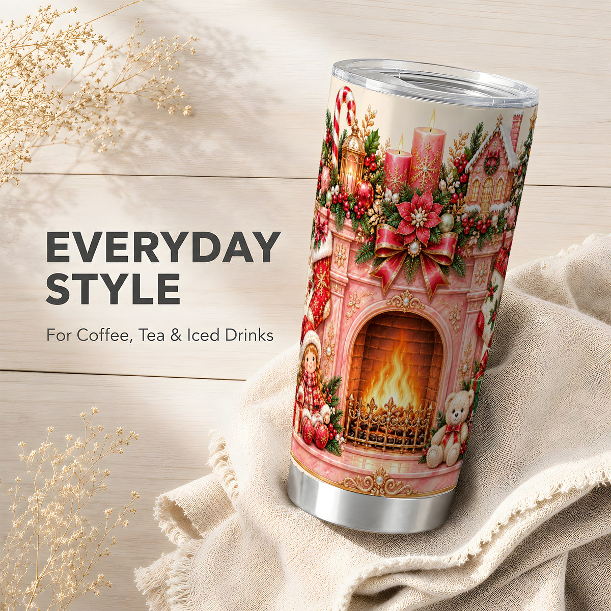 Pink Fireplace Tumbler 20oz, Christmas Tumbler, Stainless Steel Travel Cup