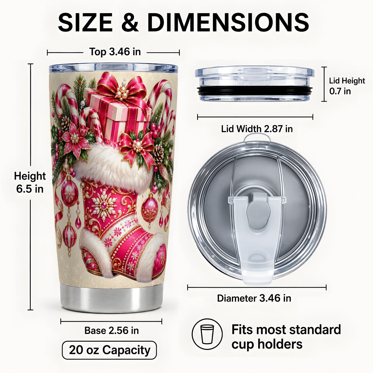 #pl[20oz|Steel] Pink Stocking Tumbler 20oz, Candy Cane Tumbler, Stainless Steel Travel Cup