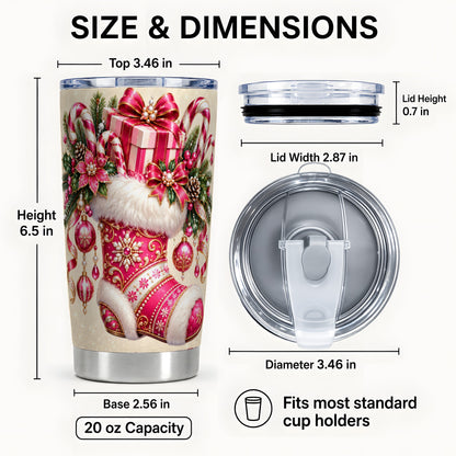#pl[20oz|Steel] Pink Stocking Tumbler 20oz, Candy Cane Tumbler, Stainless Steel Travel Cup