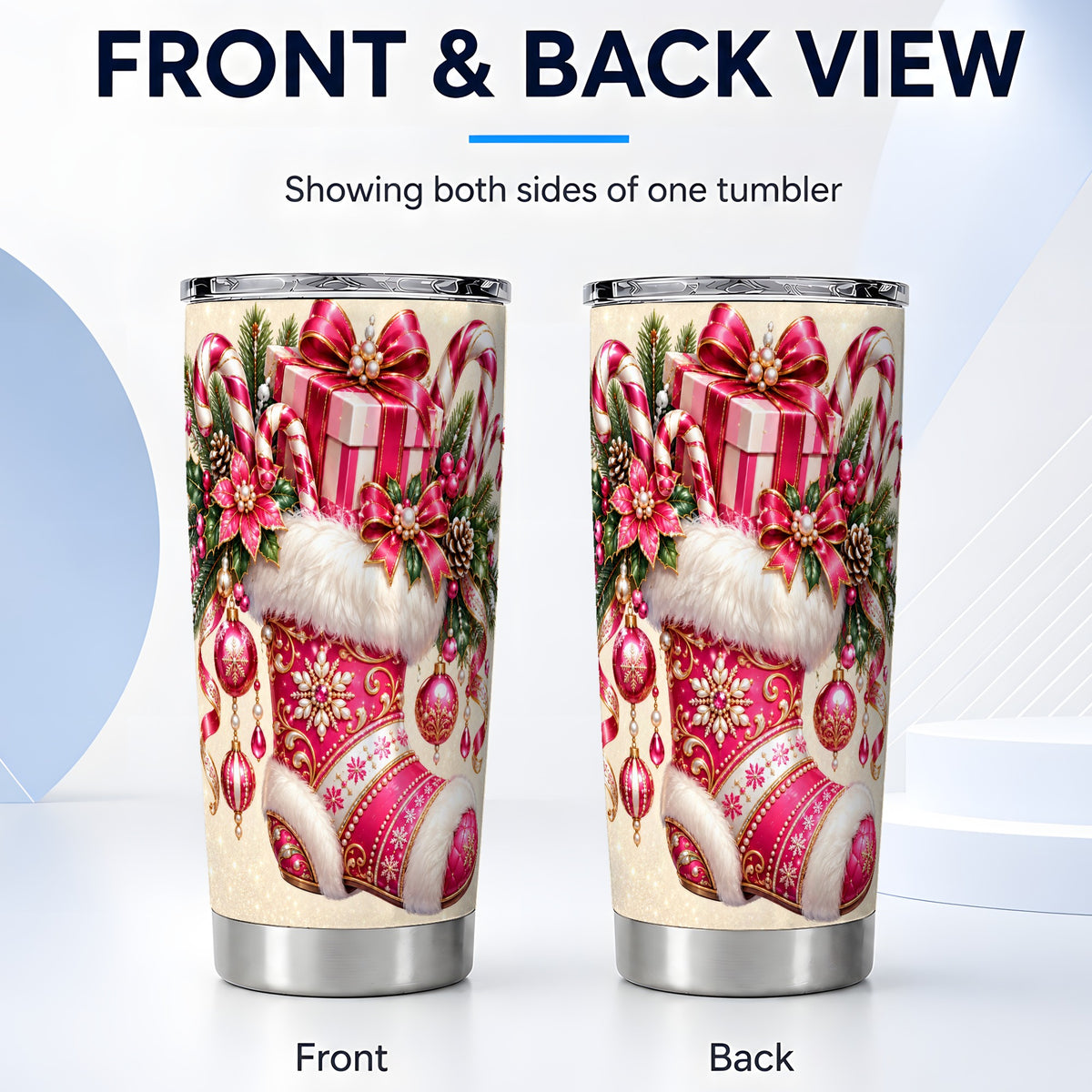 #pl[20oz|Steel] Pink Stocking Tumbler 20oz, Candy Cane Tumbler, Stainless Steel Travel Cup