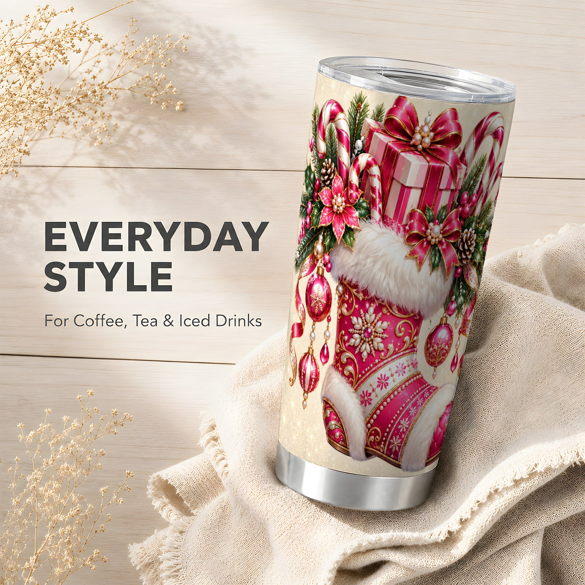 Pink Stocking Tumbler 20oz, Candy Cane Tumbler, Stainless Steel Travel Cup