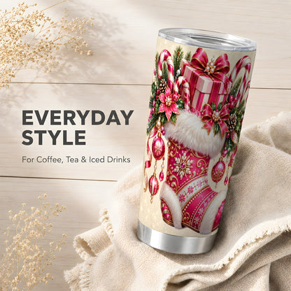 Pink Stocking Tumbler 20oz, Candy Cane Tumbler, Stainless Steel Travel Cup