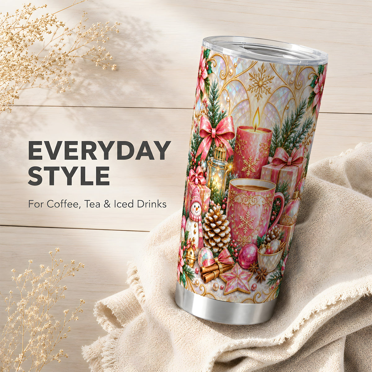 Pink Christmas Tumbler 20oz, Snowman Tumbler, Stainless Steel Travel Cup