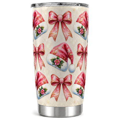 Pink Santa Hat Tumbler 20oz, Holiday Tumbler, Stainless Steel Travel Cup