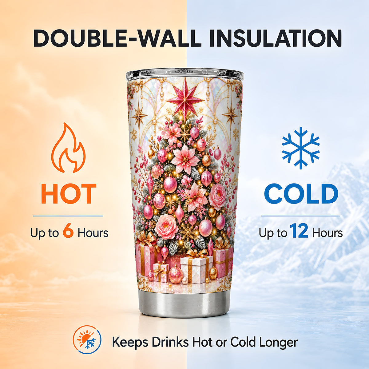 Pink Tree Tumbler 20oz, Floral Holiday Tumbler, Stainless Steel Travel Cup