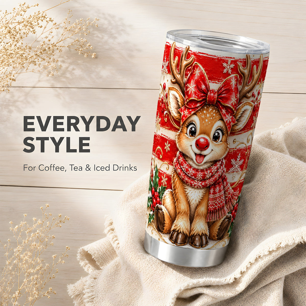 Cute Reindeer Tumbler 20oz, Winter Tumbler, Stainless Steel Travel Cup