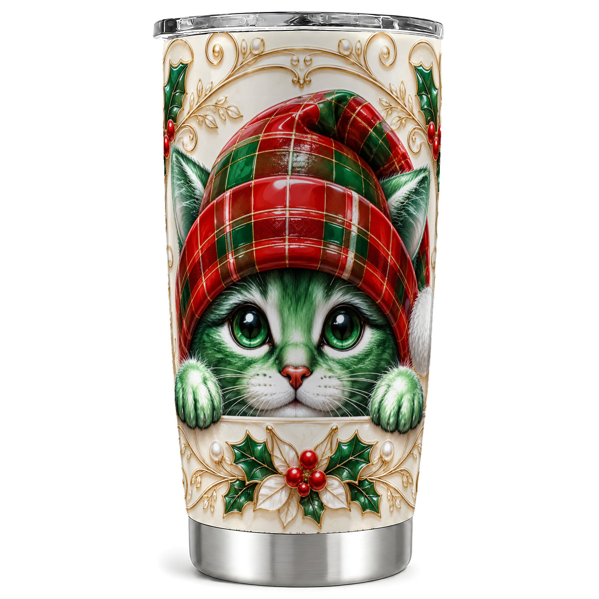 Cat Tumbler 20oz, Tartan Hat Tumbler, Stainless Steel Travel Cup