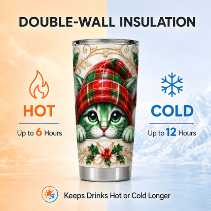 Cat Tumbler 20oz, Tartan Hat Tumbler, Stainless Steel Travel Cup
