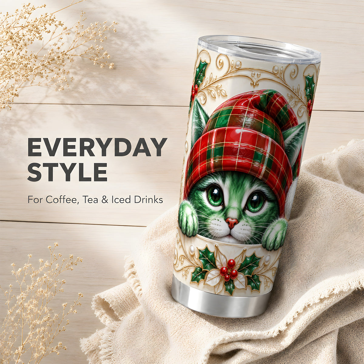 Cat Tumbler 20oz, Tartan Hat Tumbler, Stainless Steel Travel Cup