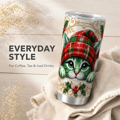 Cat Tumbler 20oz, Tartan Hat Tumbler, Stainless Steel Travel Cup
