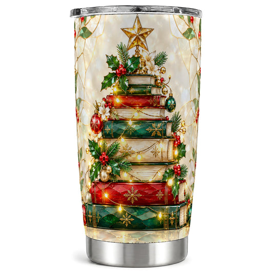 Book Tree Tumbler 20oz, Christmas Tumbler, Stainless Steel Travel Cup