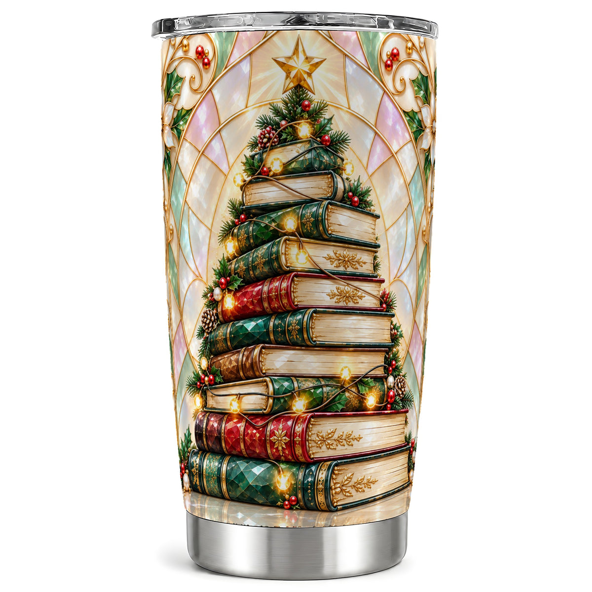Book Tree Tumbler 20oz, Christmas Tumbler, Stainless Steel Travel Cup