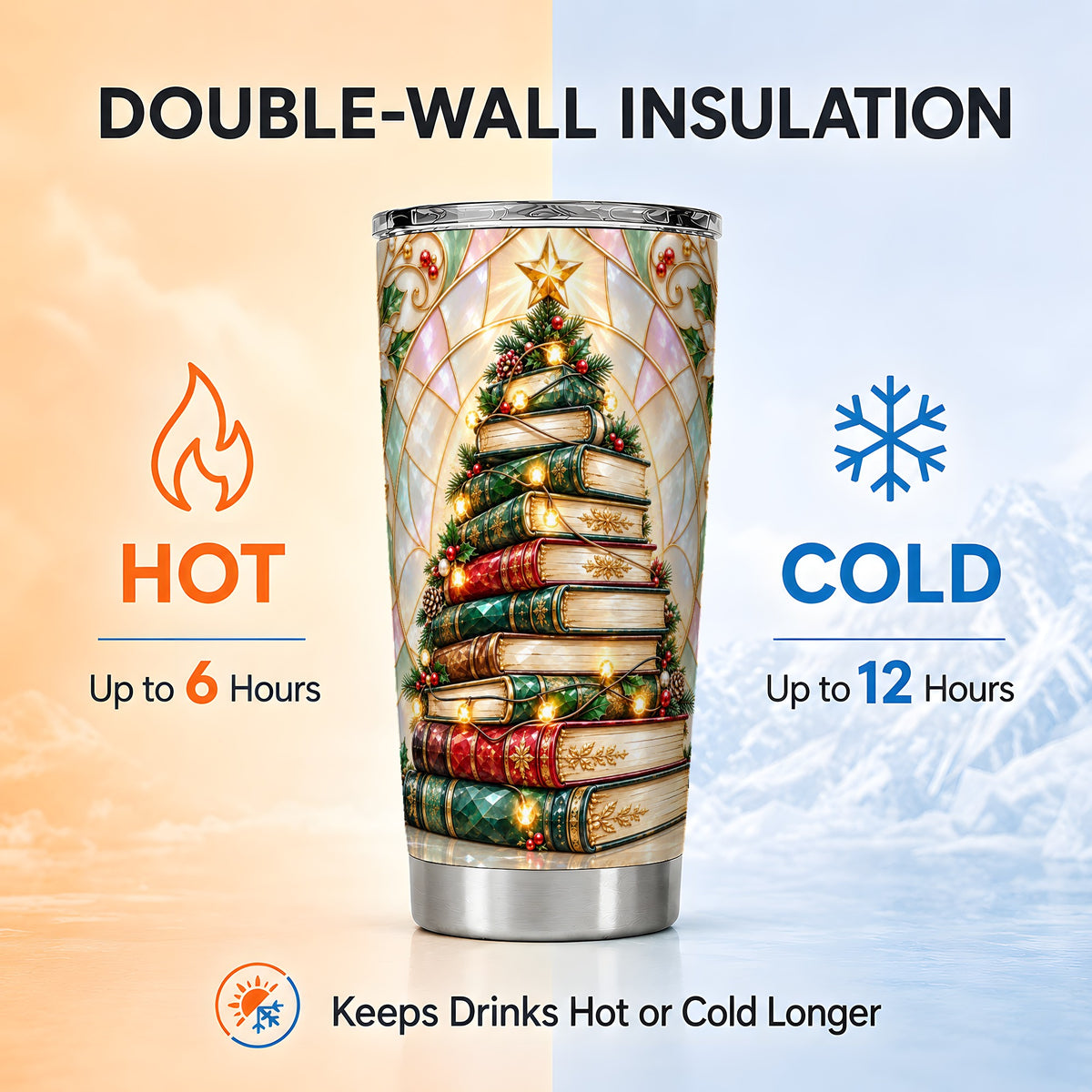 Book Tree Tumbler 20oz, Christmas Tumbler, Stainless Steel Travel Cup
