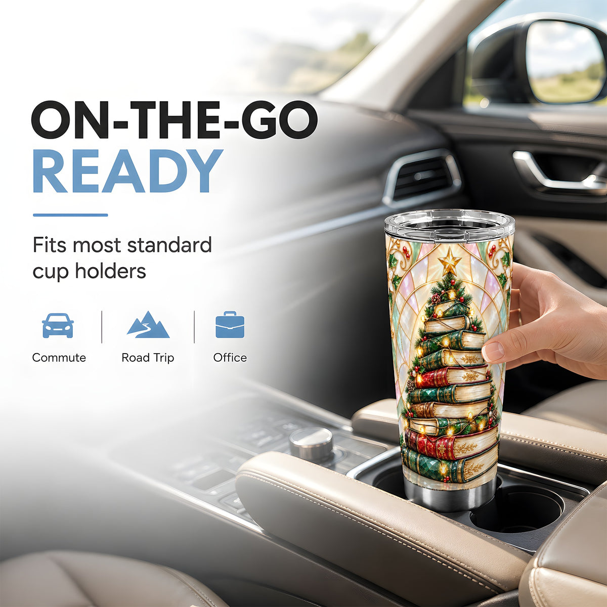 Book Tree Tumbler 20oz, Christmas Tumbler, Stainless Steel Travel Cup