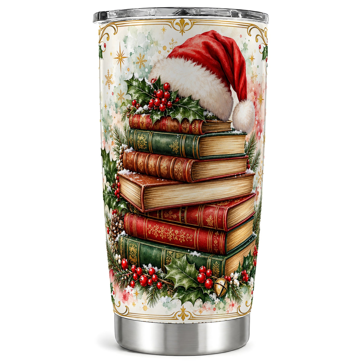Santa Hat Tumbler 20oz, Christmas Books Tumbler, Stainless Steel Travel Cup
