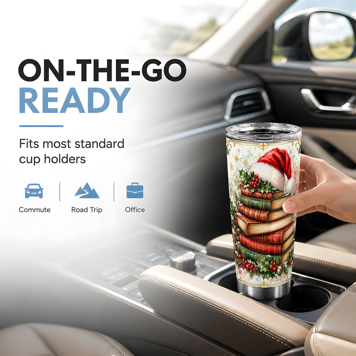 Santa Hat Tumbler 20oz, Christmas Books Tumbler, Stainless Steel Travel Cup