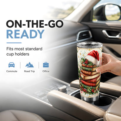 Santa Hat Tumbler 20oz, Christmas Books Tumbler, Stainless Steel Travel Cup