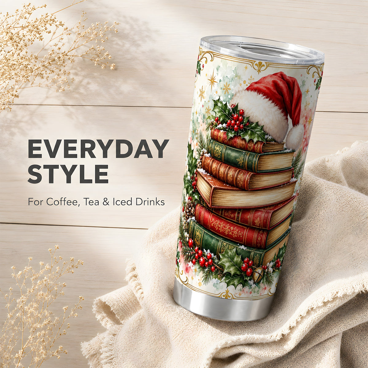 Santa Hat Tumbler 20oz, Christmas Books Tumbler, Stainless Steel Travel Cup