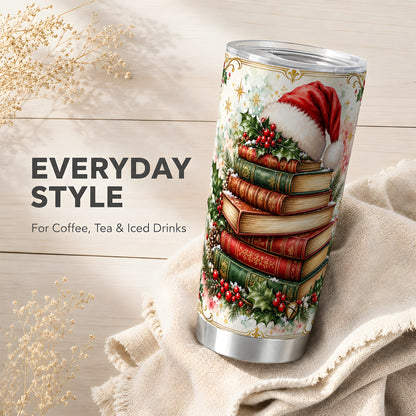 Santa Hat Tumbler 20oz, Christmas Books Tumbler, Stainless Steel Travel Cup