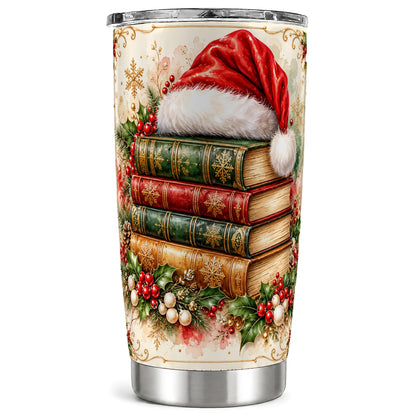 Santa Hat Tumbler 20oz, Holiday Books Tumbler, Stainless Steel Travel Cup