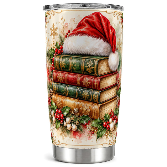 Santa Hat Tumbler 20oz, Holiday Books Tumbler, Stainless Steel Travel Cup