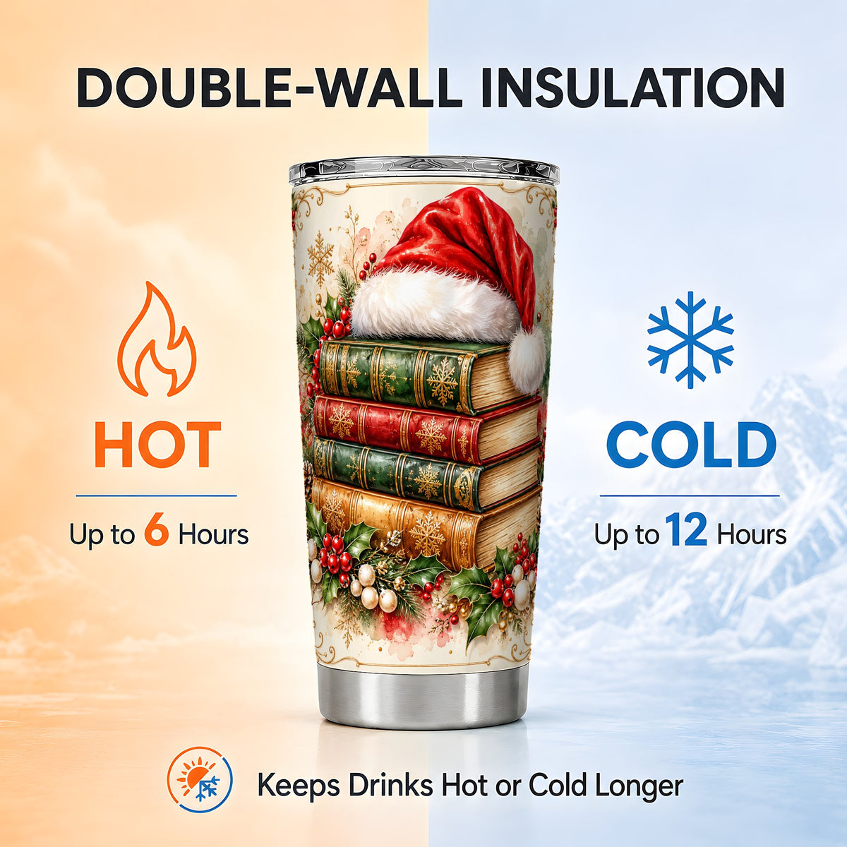 Santa Hat Tumbler 20oz, Holiday Books Tumbler, Stainless Steel Travel Cup
