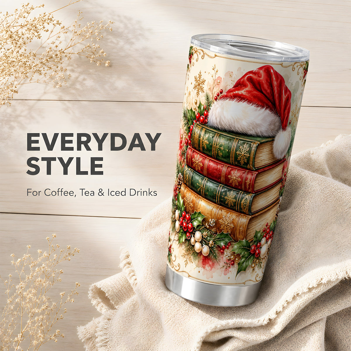 Santa Hat Tumbler 20oz, Holiday Books Tumbler, Stainless Steel Travel Cup