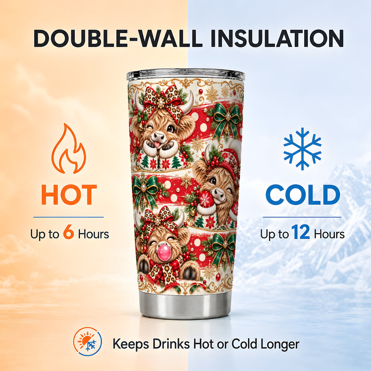 Highland Cow Tumbler 20oz, Christmas Tumbler, Stainless Steel Travel Cup