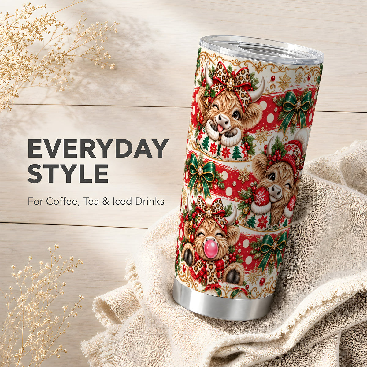 Highland Cow Tumbler 20oz, Christmas Tumbler, Stainless Steel Travel Cup
