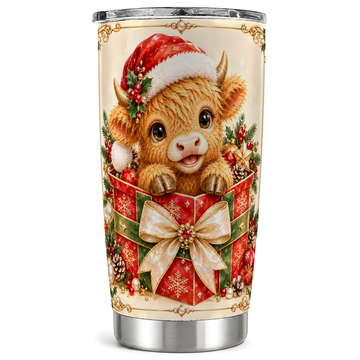 Christmas Cow Tumbler 20oz, Holiday Tumbler, Stainless Steel Travel Cup