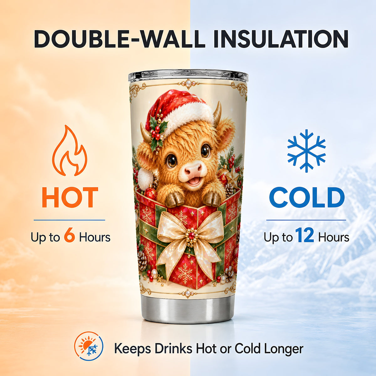 Christmas Cow Tumbler 20oz, Holiday Tumbler, Stainless Steel Travel Cup