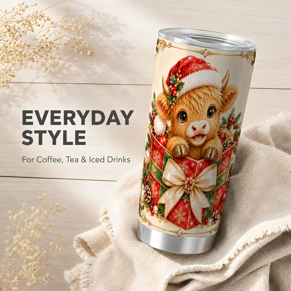 Christmas Cow Tumbler 20oz, Holiday Tumbler, Stainless Steel Travel Cup