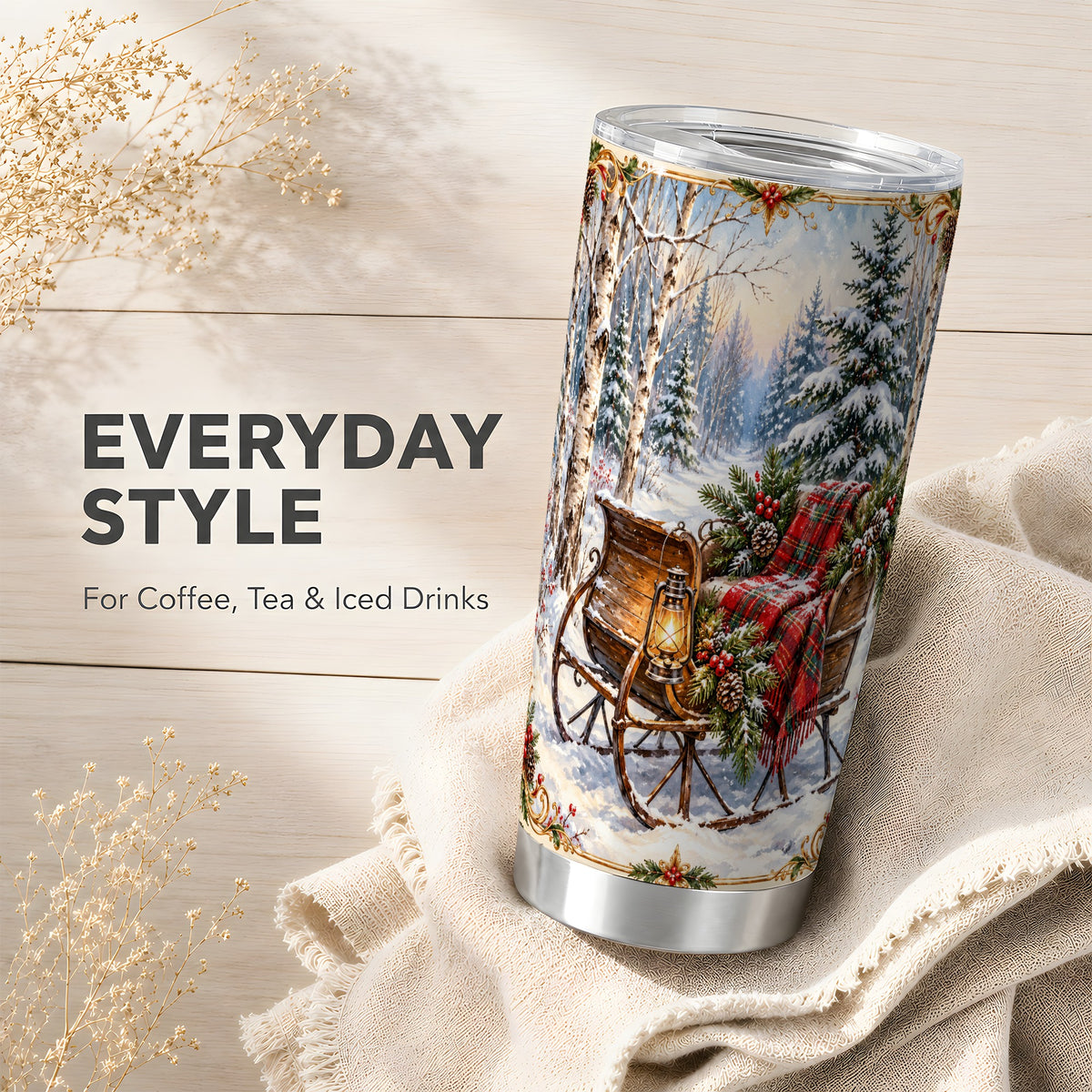 Christmas Sleigh Tumbler 20oz, Winter Tumbler, Stainless Steel Travel Cup