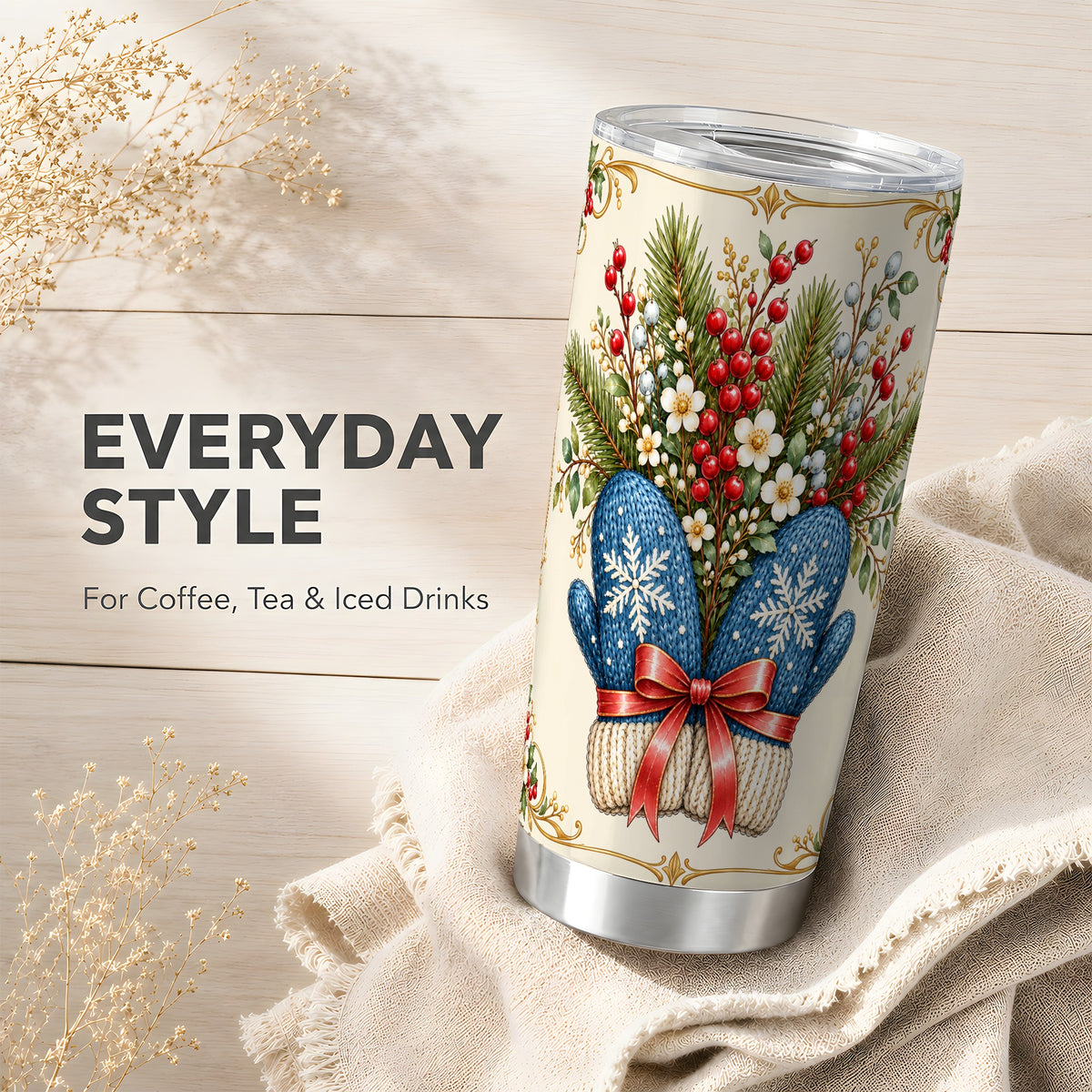 Winter Mittens Tumbler 20oz, Christmas Tumbler, Stainless Steel Travel Cup