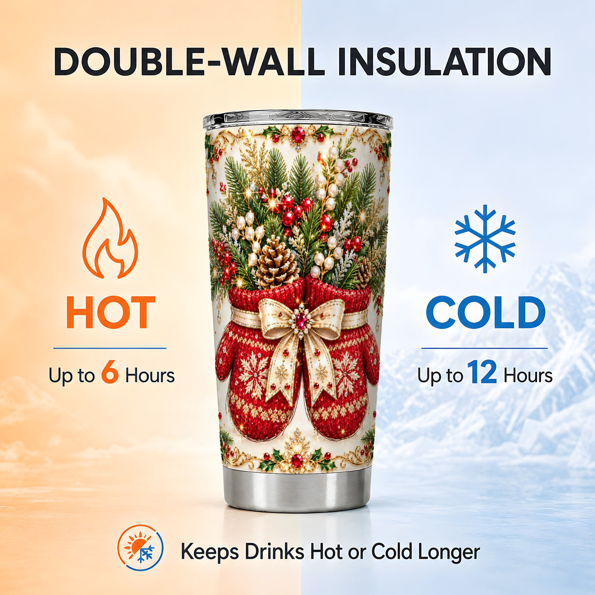 Christmas Mittens Tumbler 20oz, Holiday Tumbler, Stainless Steel Travel Cup