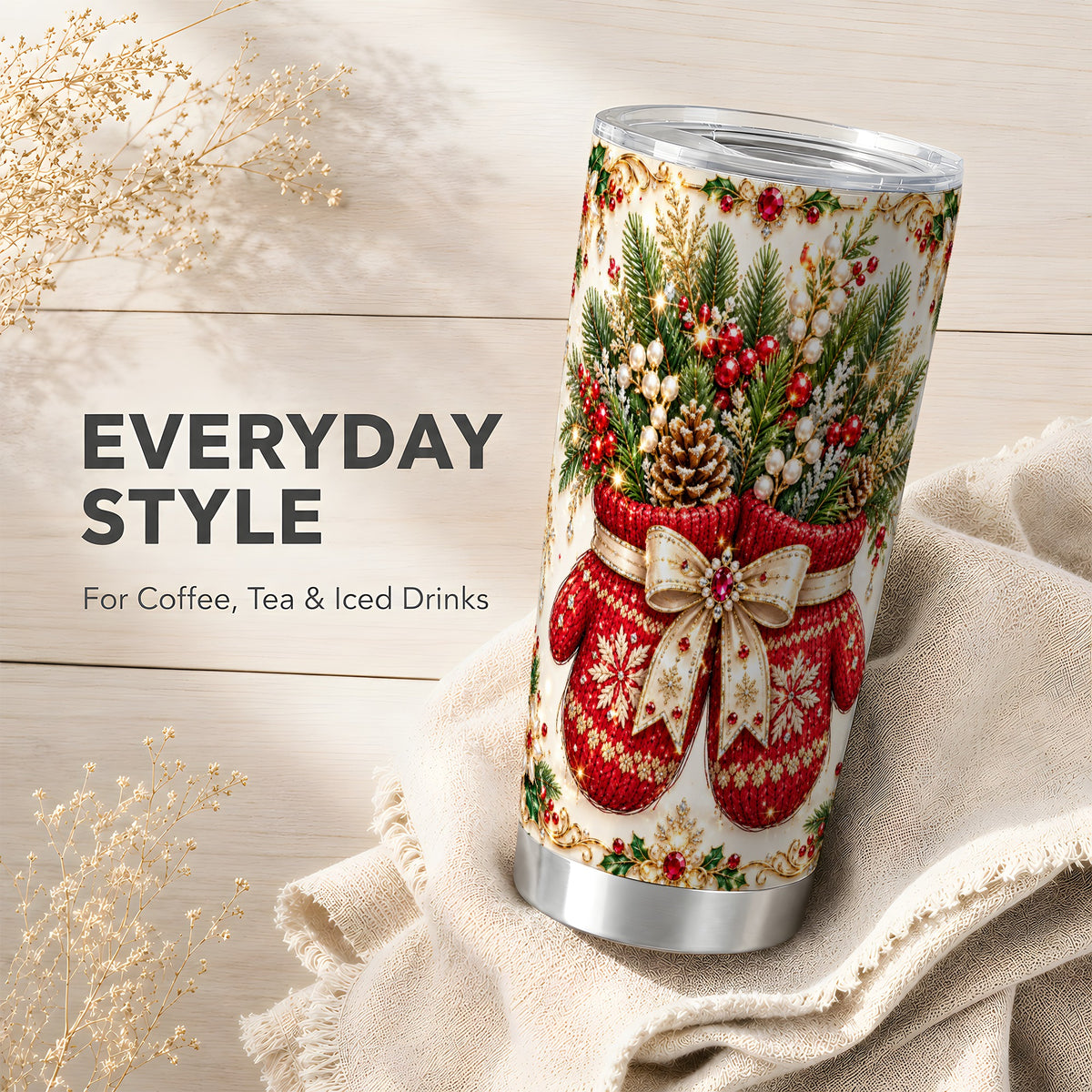 Christmas Mittens Tumbler 20oz, Holiday Tumbler, Stainless Steel Travel Cup