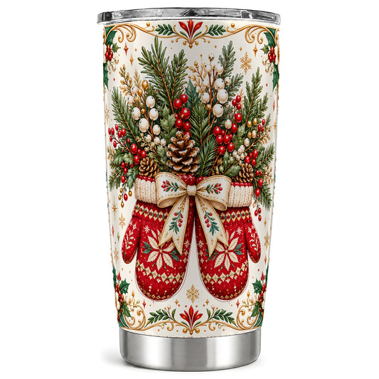 Christmas Mittens Tumbler 20oz, Winter Floral Stainless Steel Travel Cup
