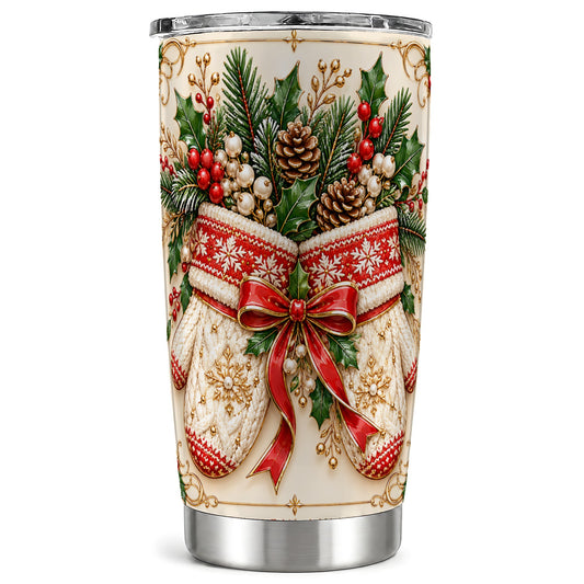 Christmas Mittens Tumbler 20oz, Holly Pine Stainless Steel Travel Cup