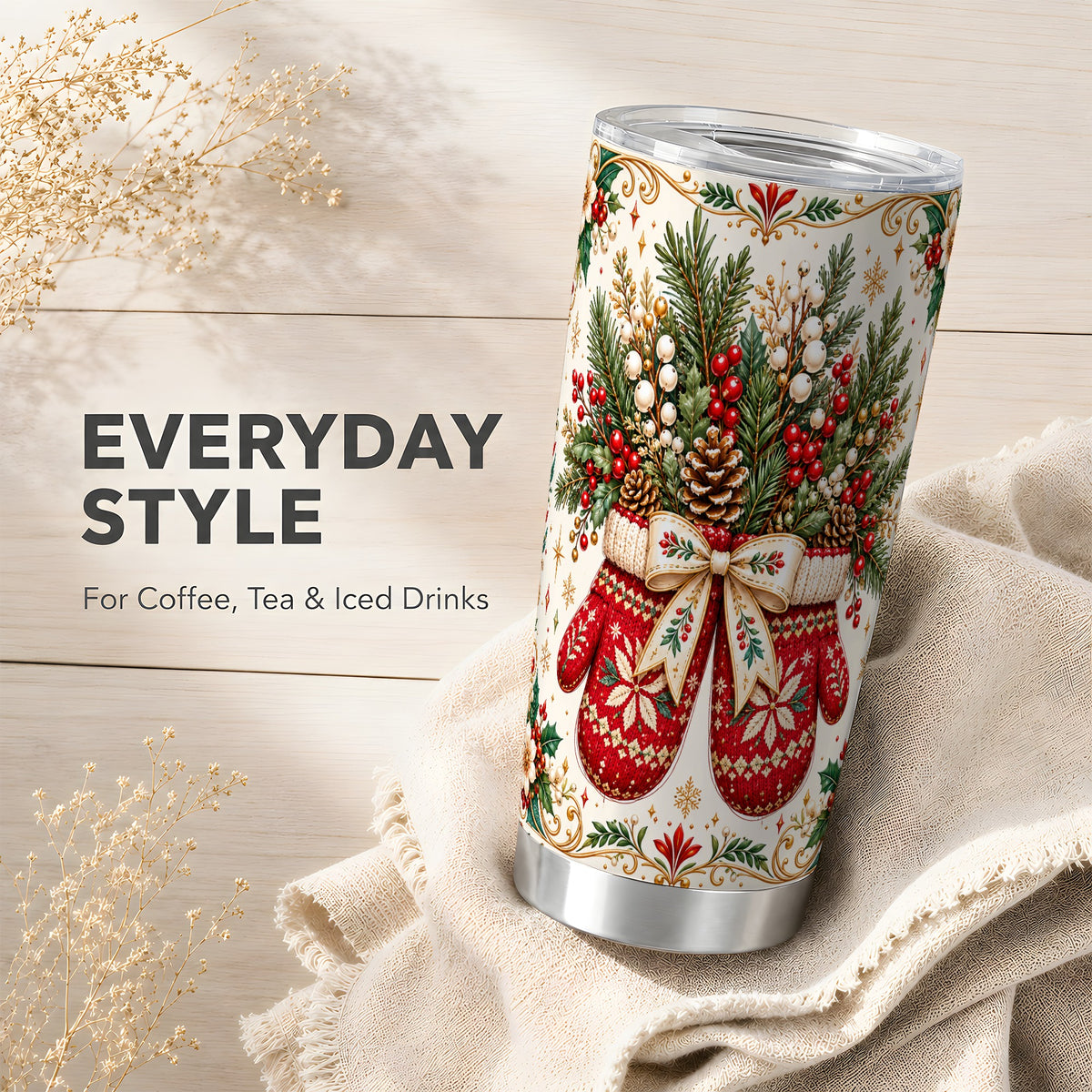 Christmas Mittens Tumbler 20oz, Winter Floral Stainless Steel Travel Cup