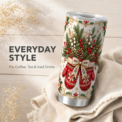 Christmas Mittens Tumbler 20oz, Winter Floral Stainless Steel Travel Cup