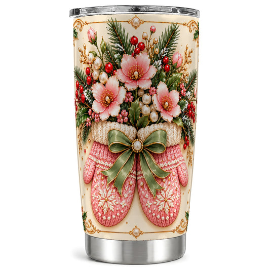 Pink Christmas Mittens Tumbler 20oz, Floral Stainless Steel Travel Cup