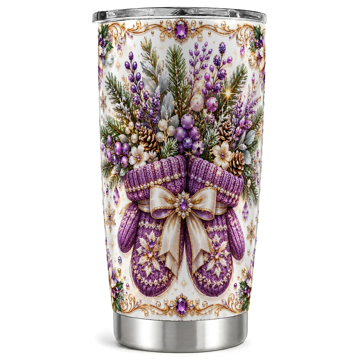 Purple Christmas Mittens Tumbler 20oz, Jeweled Stainless Steel Travel Cup