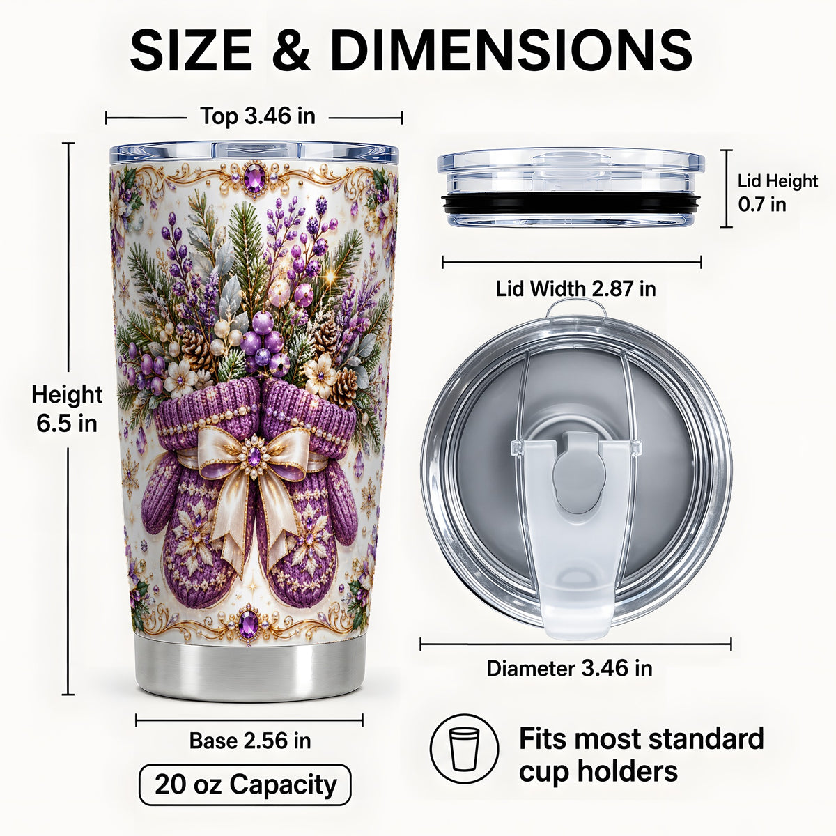 #pl[20oz|Steel] Purple Christmas Mittens Tumbler 20oz, Jeweled Stainless Steel Travel Cup