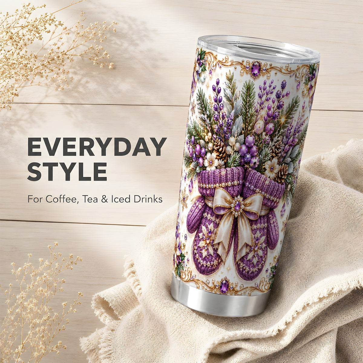 Purple Christmas Mittens Tumbler 20oz, Jeweled Stainless Steel Travel Cup