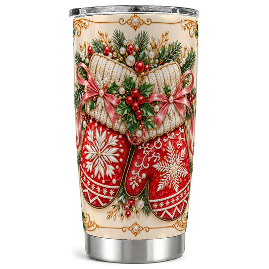 Red Christmas Mittens Tumbler 20oz, Snowflake Stainless Steel Travel Cup