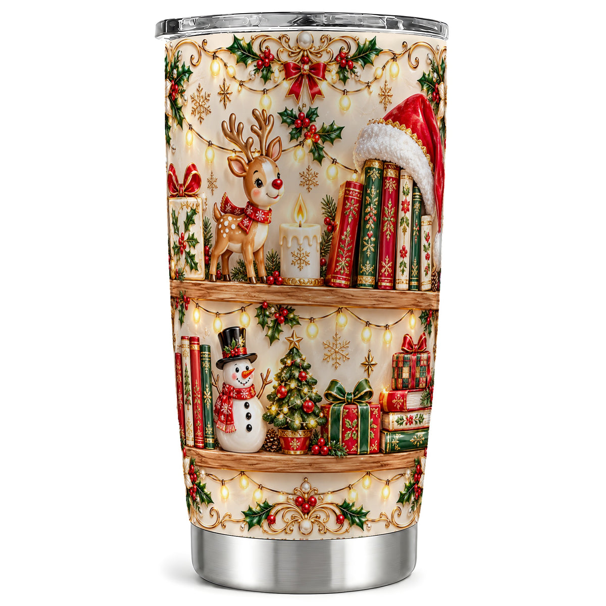 Holiday Bookshelf Tumbler 20oz, Reading Tumbler, Stainless Steel Travel Cup