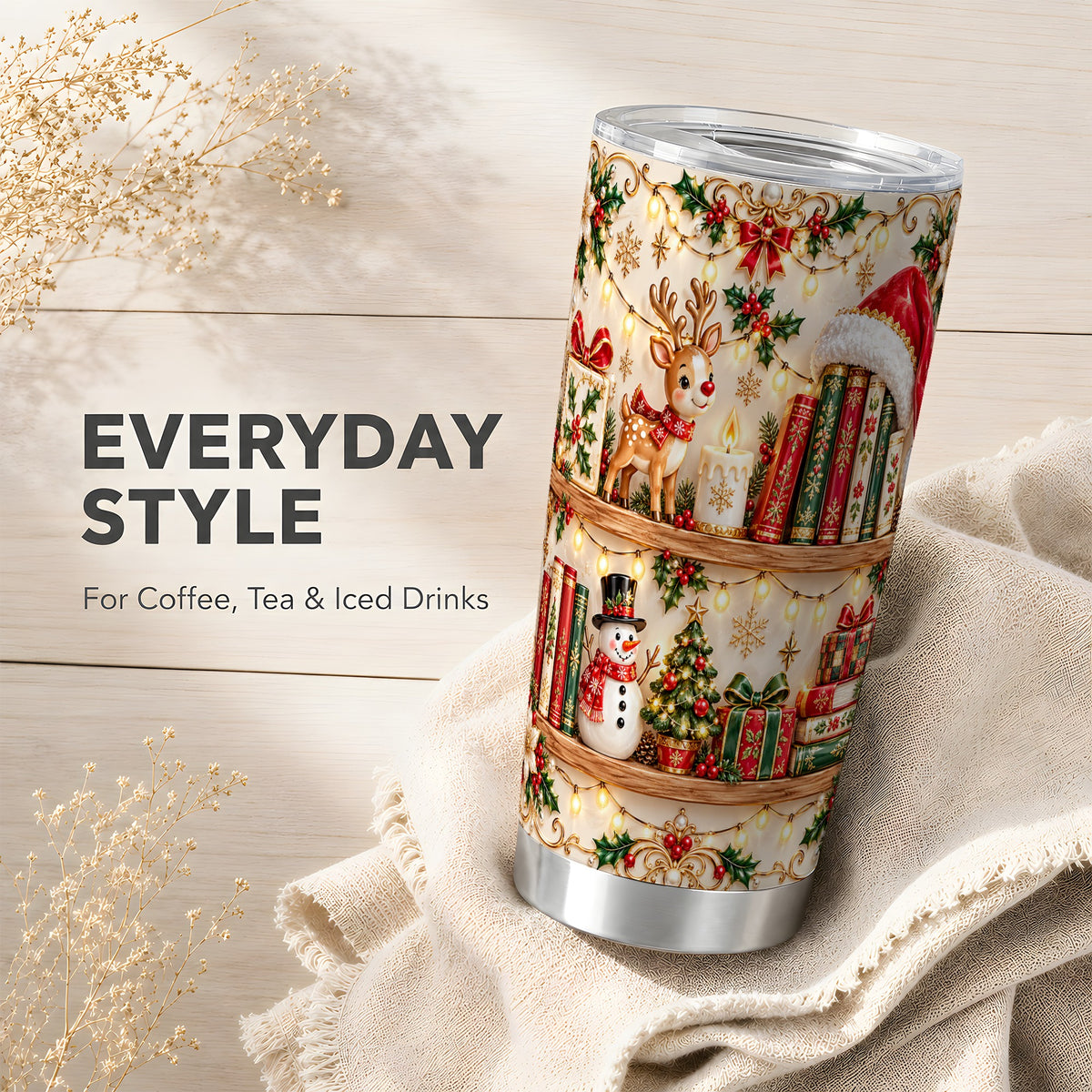 Holiday Bookshelf Tumbler 20oz, Reading Tumbler, Stainless Steel Travel Cup